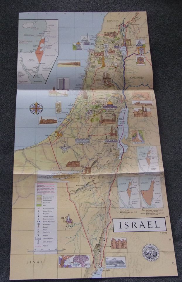 Karte ISRAEL Vintage illustriert a.d.70er-Jahren mit Information in Bad Oldesloe