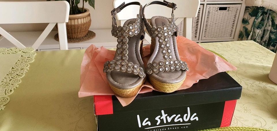 Damen Keilsandaletten LA STRADA GR 38 Strass Flecht beige grau in Dingolfing