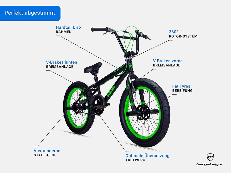 NEU Bergsteiger Tokyo 20 Zoll BMX Fahrrad, Fatbike, 360° Rotor-System, Freestyle, 4 Stahl Pegs, Kettenschutz, Freilauf, Farbe: schwarz & weiß, Probefahrt im Werksverkauf in Diepholz