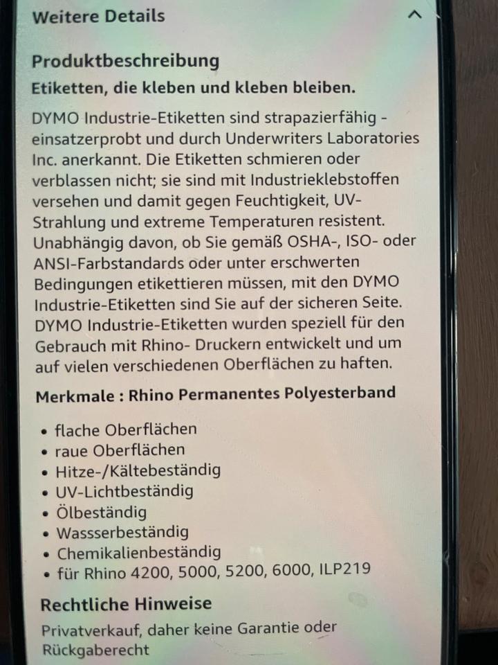 Dymo Permanent Polyester Label Etikettieren Rhino Schriftband in Hohnstorf (Elbe)