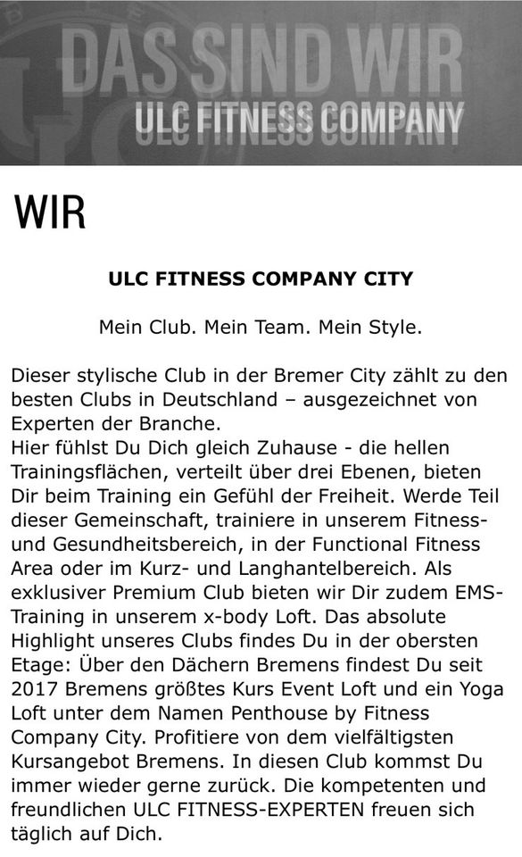 Jahresvertrag Fitnessstudio ULC Fitness Company Findorff in Bremen