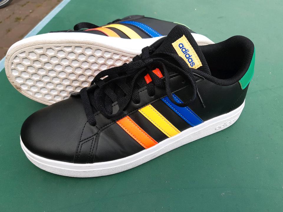 Black adidas shoes with rainbow stripes sales