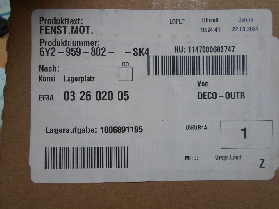 Polo, El. Fensterhebermotor vo li 6Y2 959 802 SK4 NEU 6Y2959802 in Neumünster