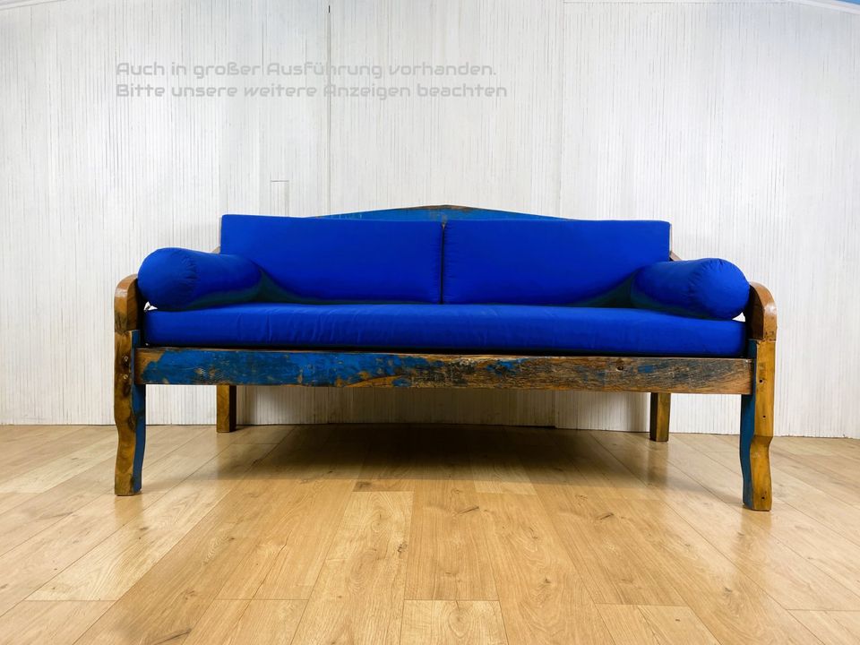 Boatwood by WMK # Besonderes kleines Sofa aus altem Bootsholz, ein handgefertigtes Unikat aus massivem Teakholz mit neuer Polsterung & Kissen # Couch Sessel Loungesessel Liege Loveseat Bootsmöbel Blau in Berlin