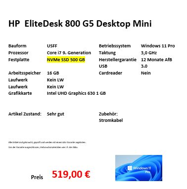 HP EliteDesk 800 G5 DM PC, i7 9Gen. 500GB SSD 16GB RAM AfB Essen in Essen