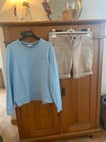 Shorts (beige) mit Pullover (hellblau) - Gr. 36 (S) als Kombi Hessen - Bischofsheim Vorschau
