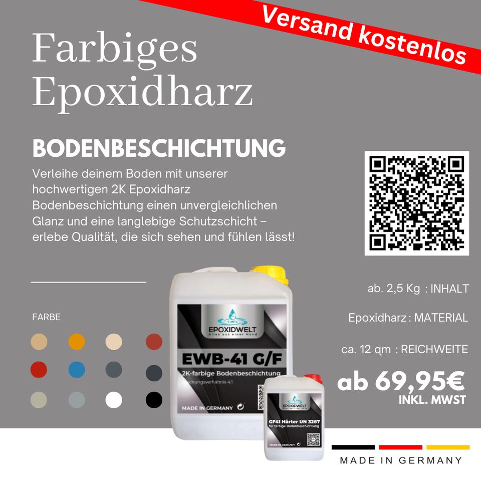 Epoxidharz-Bodenbeschichtung in 16 RAL Farben, Bodenversiegelung mit Epoxidharz, Epoxidboden für Garagen Industrie-Epoxidbeschichtung Epoxidharz-Beschichtungssysteme Epoxidböden 2K Epoxidharz in Neuss