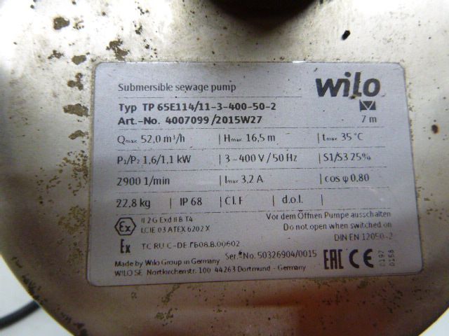 Wilo Abwasser - Tauchmotorpumpe Hebanlagen Pumpe 4007099 /2015U27 in Eberswalde