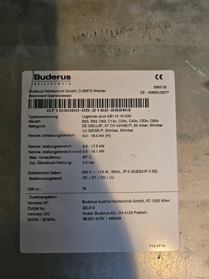 Buderus Gas-Brennwertkessel Logamax plus GB112-19 G20 in Bolanden