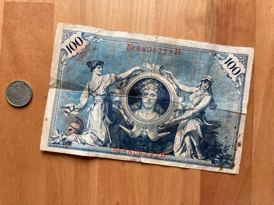 Reichsbanknote 100 Mark 1908 Münze 10 Pfennig in Hamburg