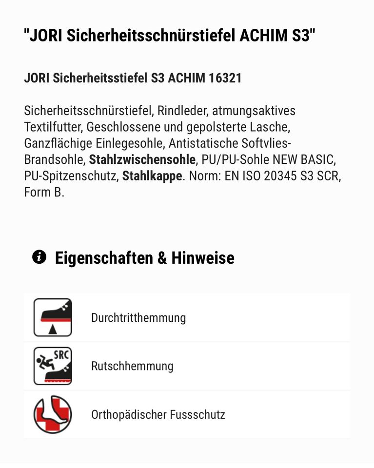 Sicherheitsschuhe Stiefel Stahlkappe Jori S3 ACHIM 16321 Gr. 38 in Bayern -  Wörnitz | eBay Kleinanzeigen ist jetzt Kleinanzeigen
