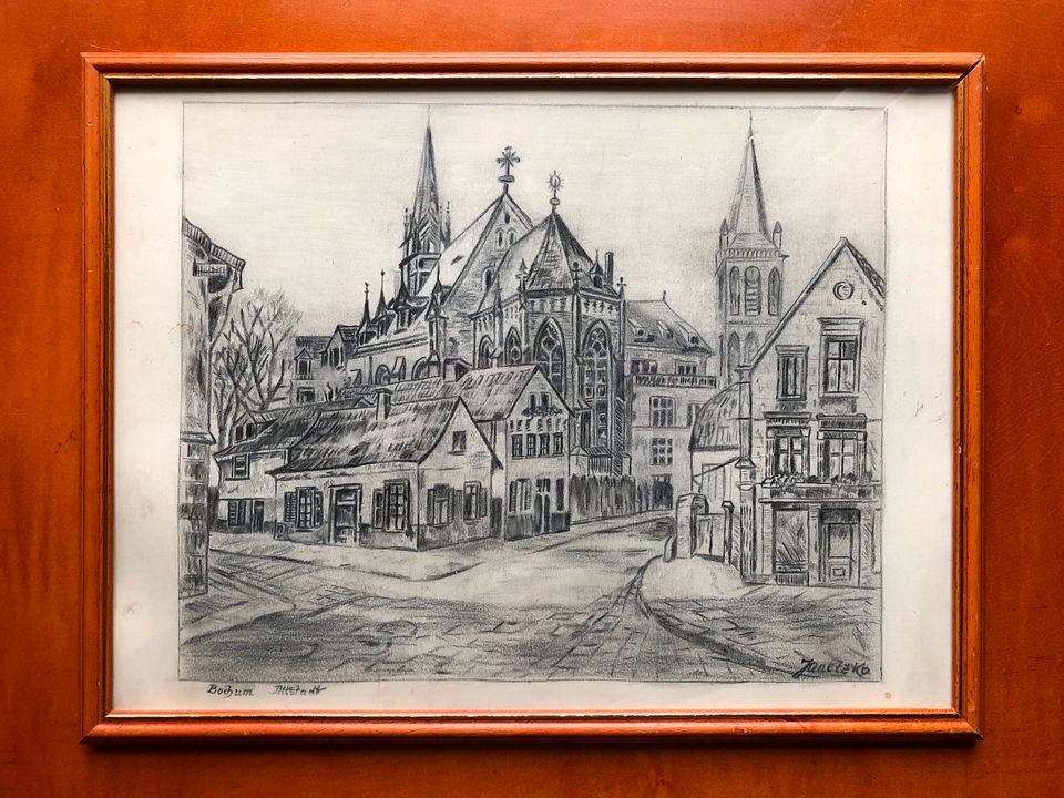 Zeichnung Altstadt Bochum in den 1940er Jahren, von Janez Ko in Düsseldorf