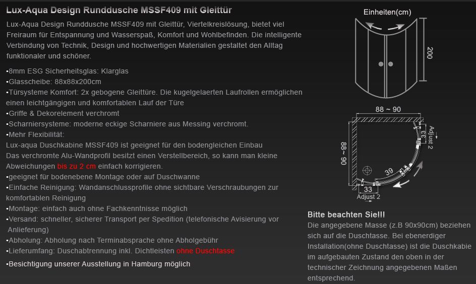 Lagerausverkauf ! Design Eckduschkabine Schiebetür mit Duschwanne in Hamburg