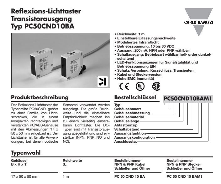 Lichtschranke Lichttaster Carlo Gavazzi PC50CND10BA - 2,75M in Wallerstein