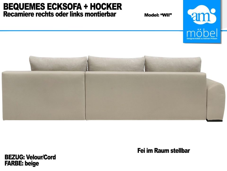 Sofa Couch Wohnlandschaft L Form + Hocker Cord-Velour  beige in Bremen