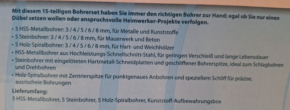 15 teiliges Bohrerset Metall-, Stein-, Holzbohrer neu OVP in Neufahrn