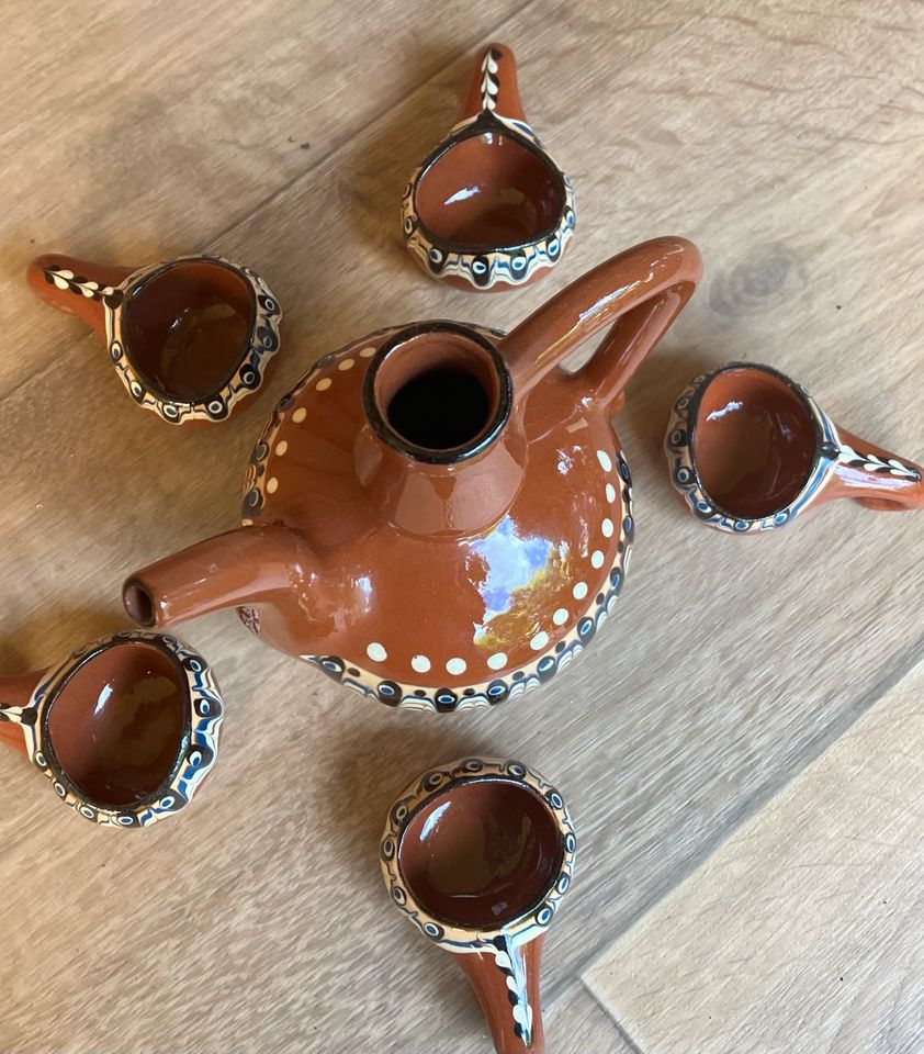 Pfauenauge Keramik Karaffe mit Löffelbechern in Hohndorf
