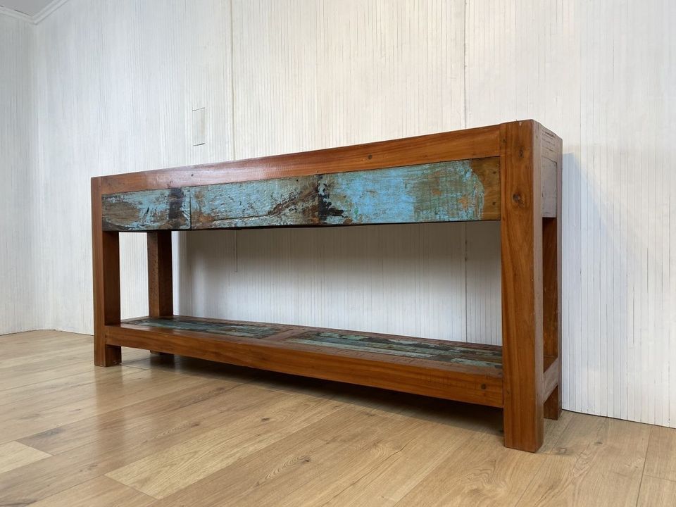 Boatwood by WMK #  Schöne & sehr schmale Konsole mit 3 Schubaden, ein aus altem Bootsholz handgefertigtes Unikat aus massivem Teakholz # Kommode Sideboard Garderobe Flurkommode Ablage Industrial Teak in Berlin