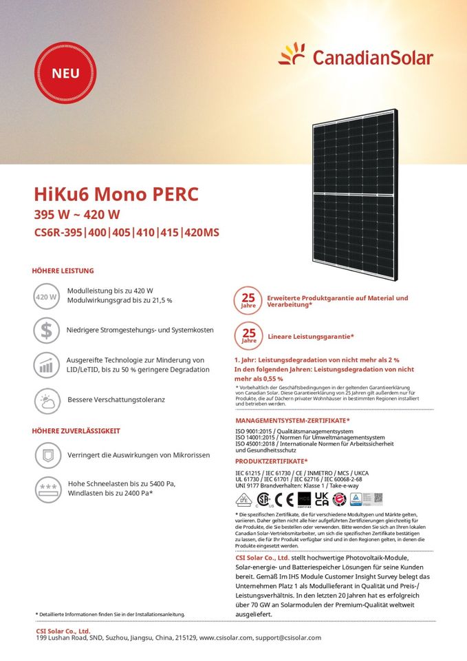 Solarmodule / Solarpanel Canadian Solar 410W KOSTENLOSE LIEFERUNG in Hamburg