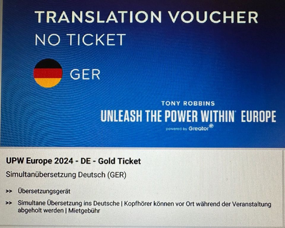 Gold Ticket Tony Robbins- UPW Europe 2024 inkl.Übersetzung in Köln