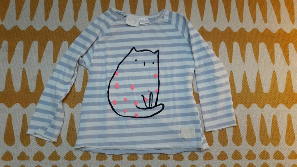 Zara Shirt longsleeve Pulli hellblau gestreift Katze 98 in Biebelnheim