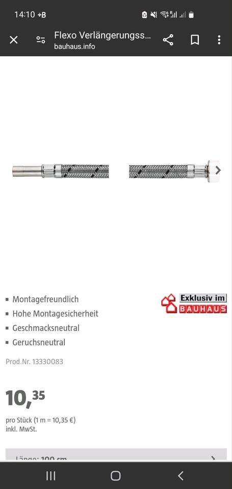 Flexo Verlängerungsschlauch ⅜″, Länge: 100 cm, Rohrstutzen 10 mm in Braunschweig