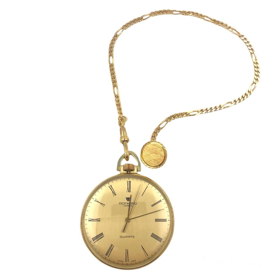 14 kt Gold Bonard Geneve Taschenuhr mit Figaro Kette in Leimen