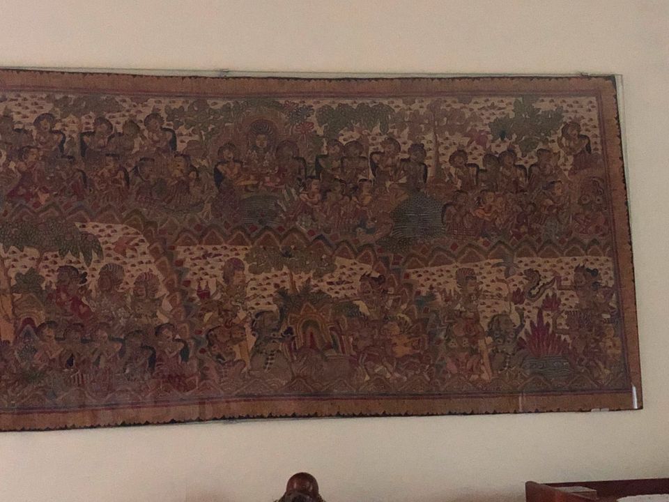 Antikes Wandbild aus Bali, Tuch Malerei, 2 Glasplatten 193x80cm in Hamburg