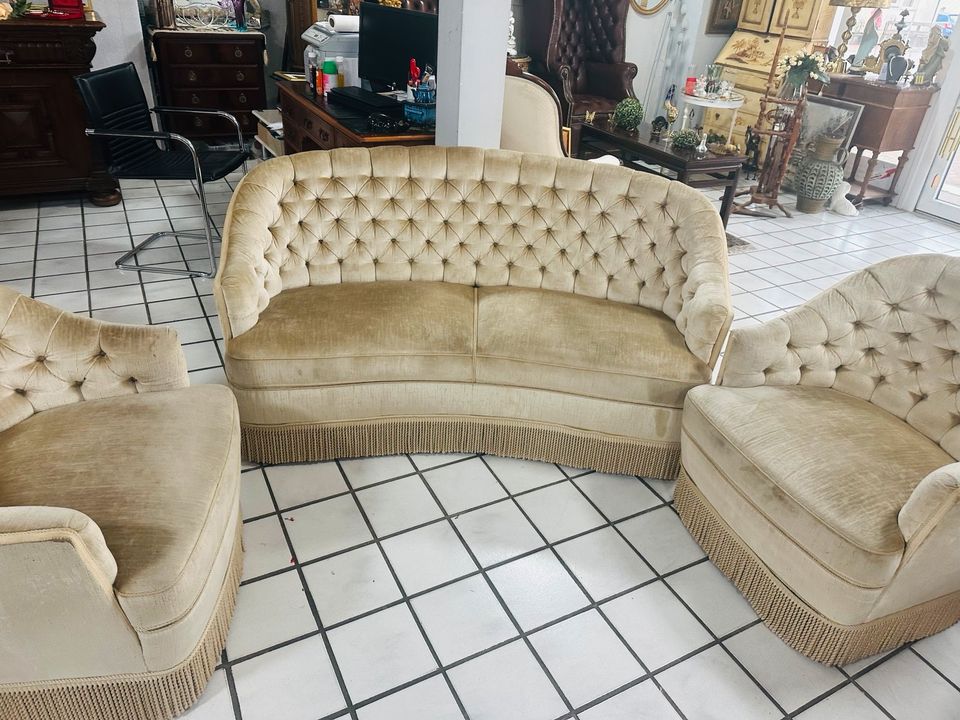 sofa garnitur sessel 3tlg beige creme chesterfield vintage 1950 in Rodenberg