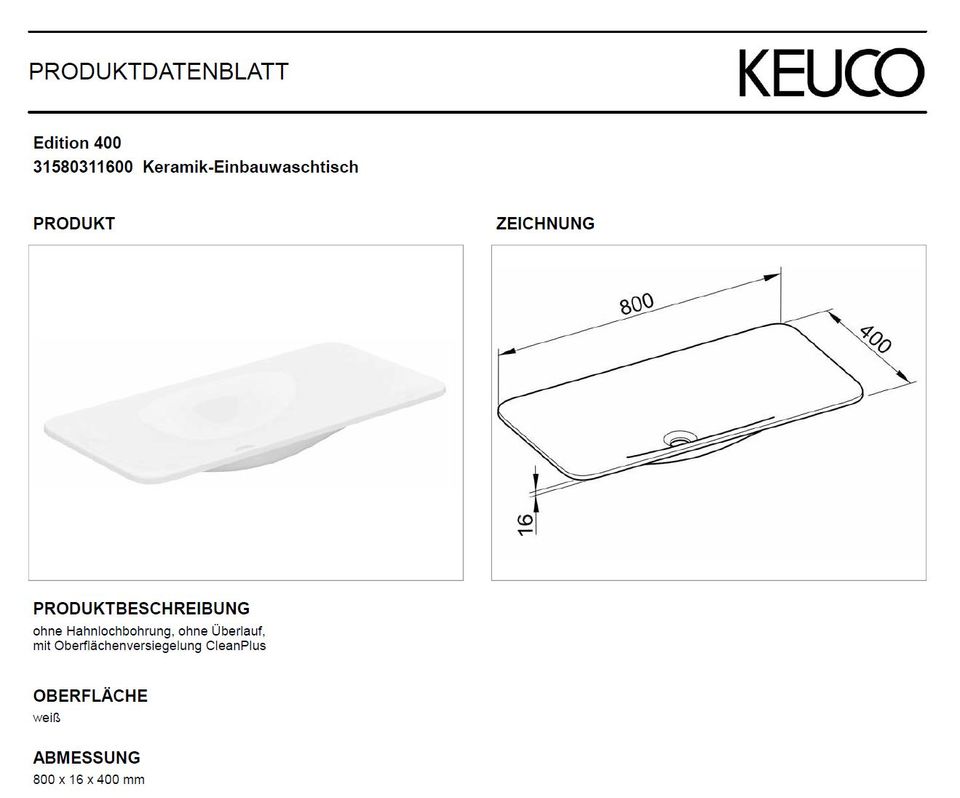 Keuco EKeuco Edition dition 400 Einbauwaschtisch, nicht gebraucht in Wuppertal