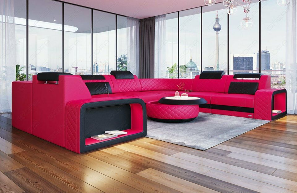 Leder Wohnlandschaft Foggia U Form USB Designer Eckcouch Sofa LED in Berlin