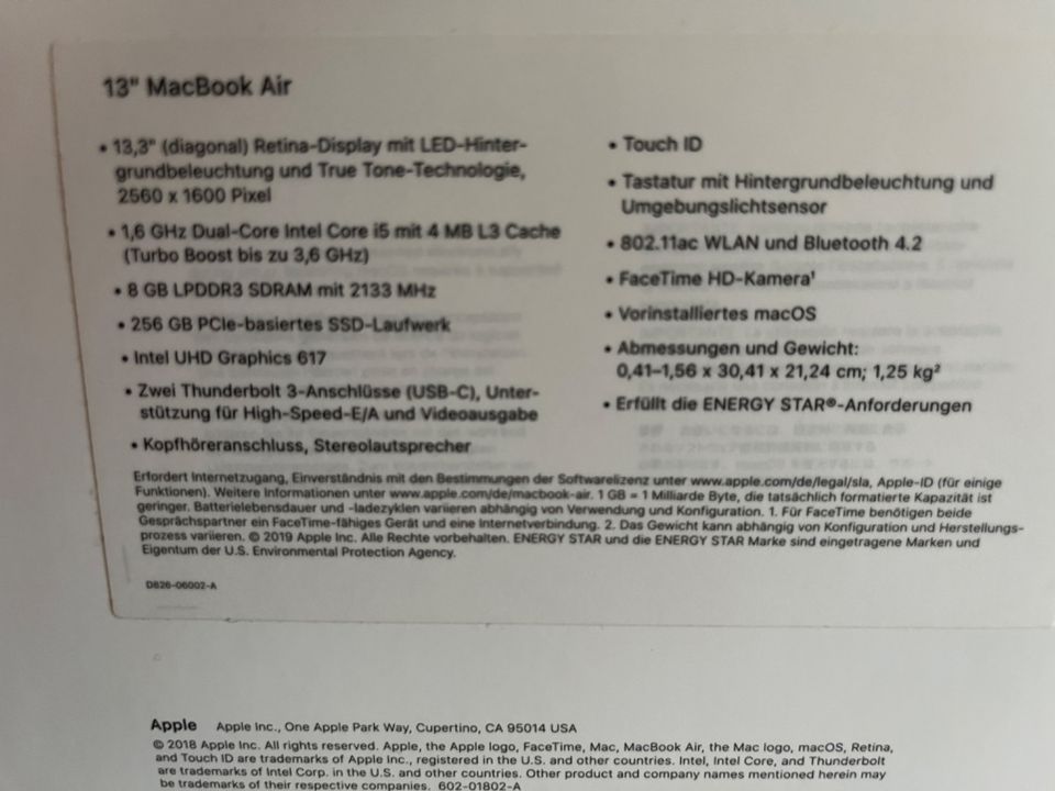 MacBook Air 13 Zoll, 2019, 8 GB RAM, 256 GB HDD, Silber, OVP in Datteln