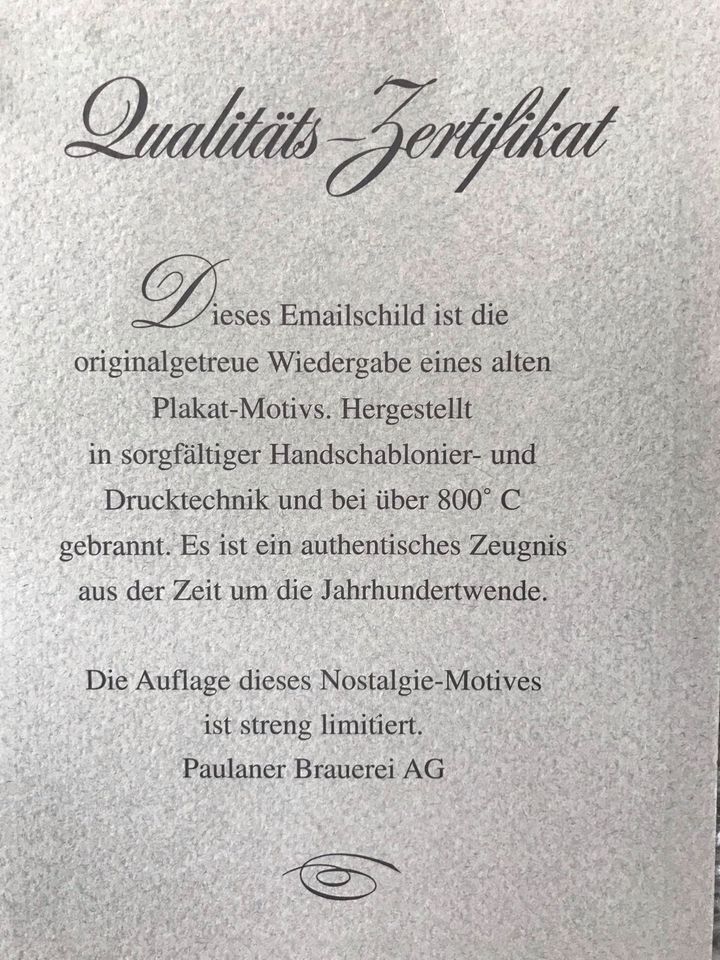 PAULANER Schild (aus Emaille / f. Sammler) - Mit Zertifikat - TOP in München
