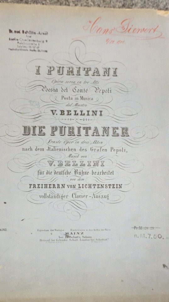 DIE PURITANER/ I PURITANI V. BELLINI KLAVIERAUSZUG 1902 DEU./ITAL in Berlin