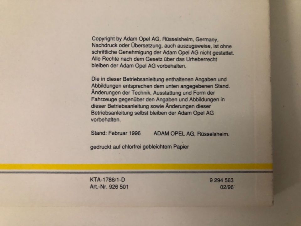 Bedienungsanleitung Opel Vectra B Ausgabe von 02/1996 in Rüsselsheim