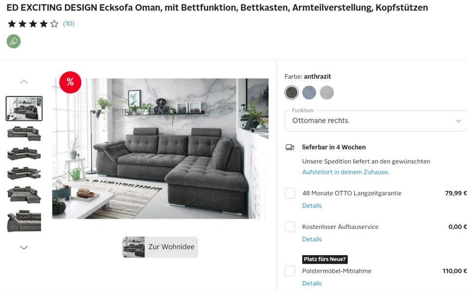 NEUES Ecksofa,Bett,Bettkasten,Armlehne,Kopfstütze,statt 2229,-für in Ducherow