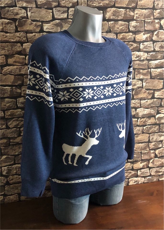 Herren Pullover blau Norweger-Muster gr M mit Reh Weihnachten in Magdala