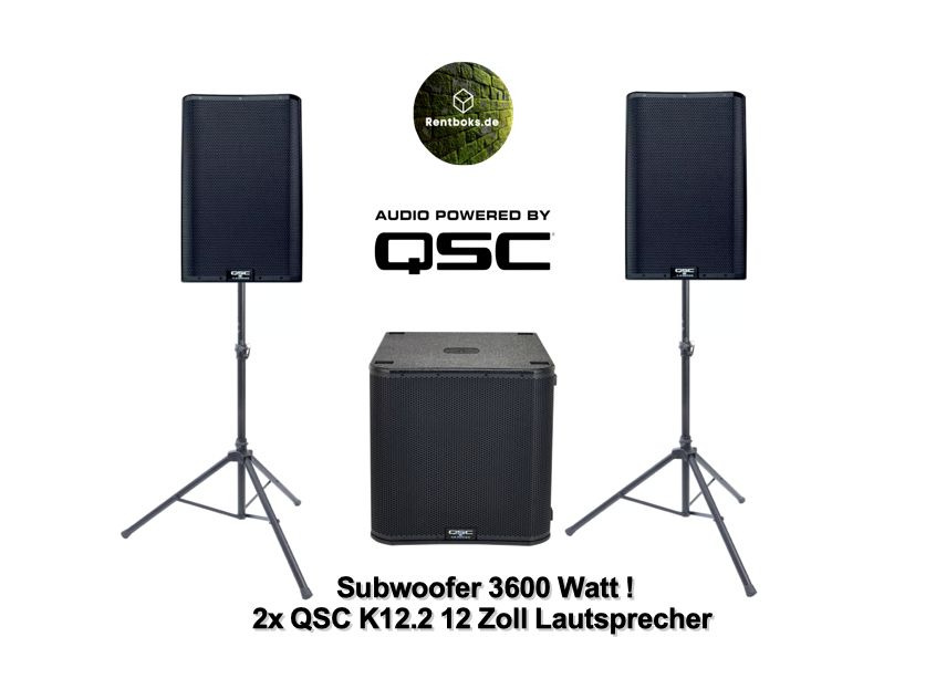 PA Anlage QSC 2.1 7600 Watt Mieten Soundboks 3 & 4 Musikanlage | JBL | Teufel Rockster Bluetooth Akku Lautsprecher | Powerstation | Musikbox, Akku-Box | Stereoanlage Party Technik Verleih Pioneer XDJ in Berlin