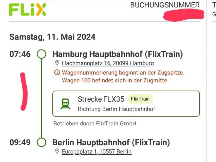 Flix Train Ticket Hamburg Berlin Samstag 11. Mai in Hamburg