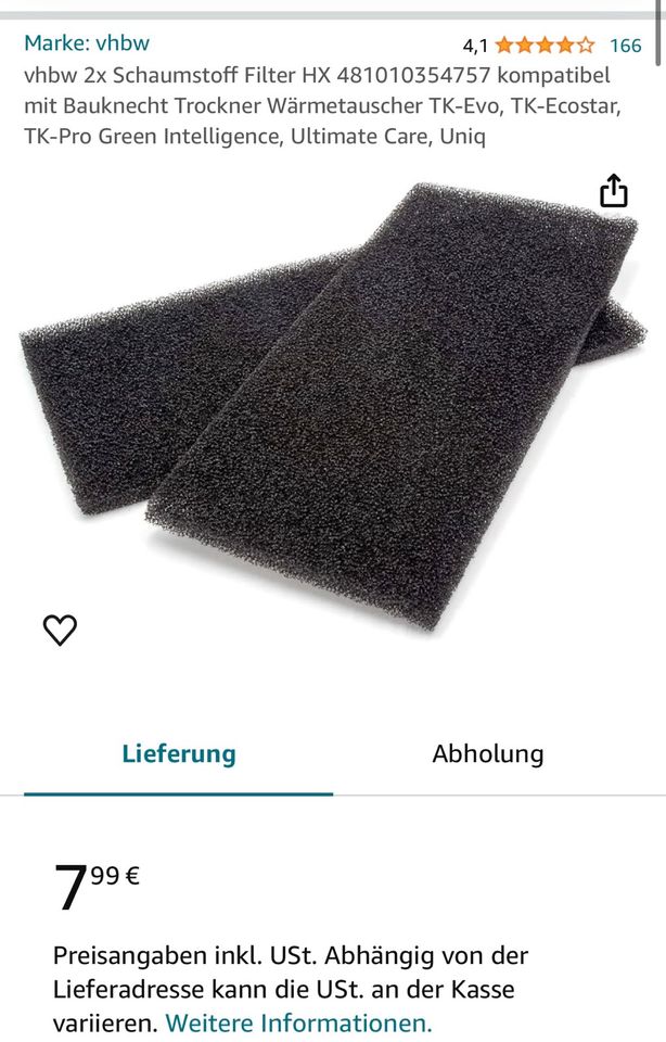 Schaumstoff Filter für Wärmepumpentrockner HX 481010354757 in Limburg