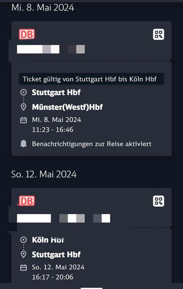 Bahnticket Stuttgart <-> Köln 8. Mai - 12. Mai 2024 in Stuttgart