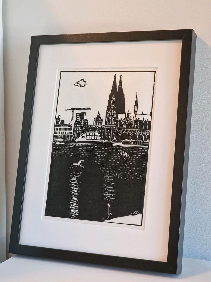 Linoschnitt 'Reiher, Kölner Dom und der Rhein' in Köln
