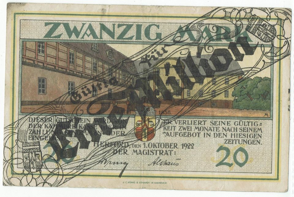1 Millionen Mark Überdruck auf 20 Mark Herford 1.10.1922 in Hamburg