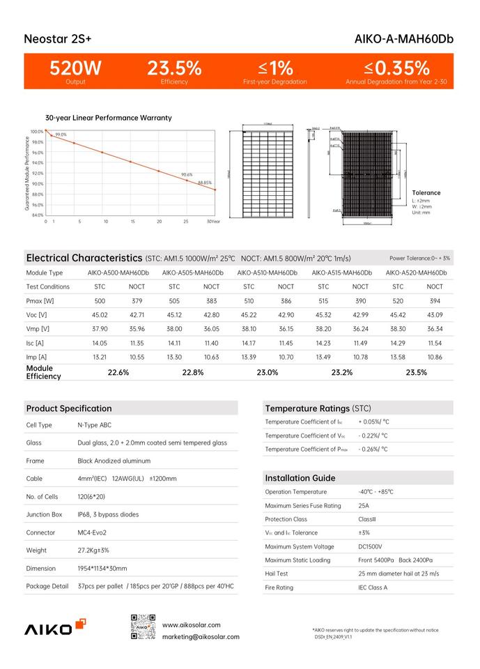 AIKO MAH60Db 510 Watt Doppelglas PV-Modul Solar Photovoltaik in Luckenbach