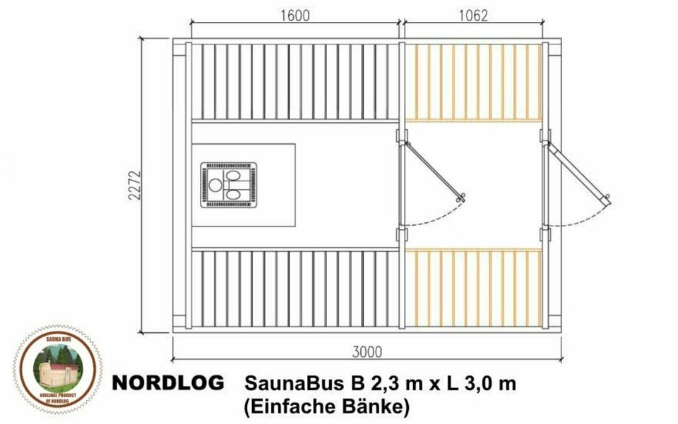 LUXURY NordLog SAUNA BUS 2,3 x 3,0m /Einfache Bänke/ GARTENSAUNA in Weil der Stadt