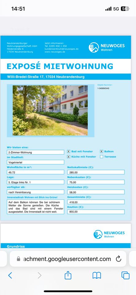 Suche Nachmieter für schöne 2 Raum Wohnung in Neubrandenburg in Neubrandenburg