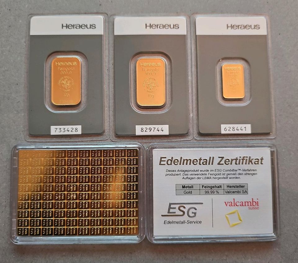 125g Gold Goldbarren Heraeus, ESG valcambi Feingold 99,9 in Wuppertal