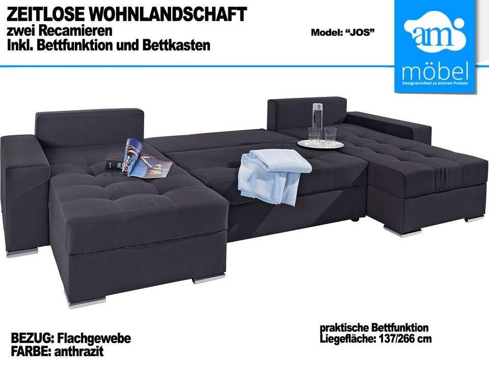 Sofa Couch Wohnlandschaft U Form Bettfunktion-Bettkasten anthrazi in Bremen