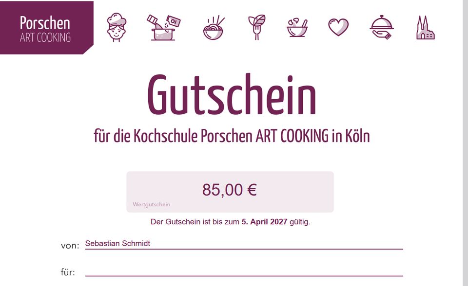 85€ Gutschein Kochkurs Porschen Art Cooking in Köln