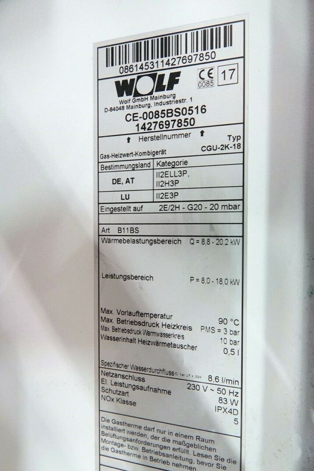Wolf ComfortLine CGU-2K-18 20kW Gas-Kombi-Heiz-Therme Bj.2017 in Coswig